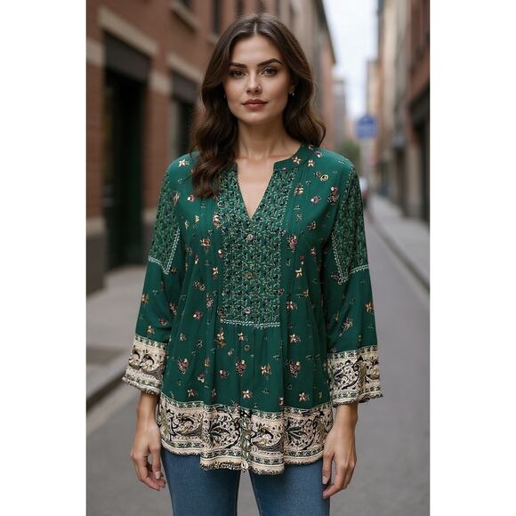 Fig and Flower Peasant Top Womens Large Green Cottage Floral Border Boho Blouse - Picture 10 of 10